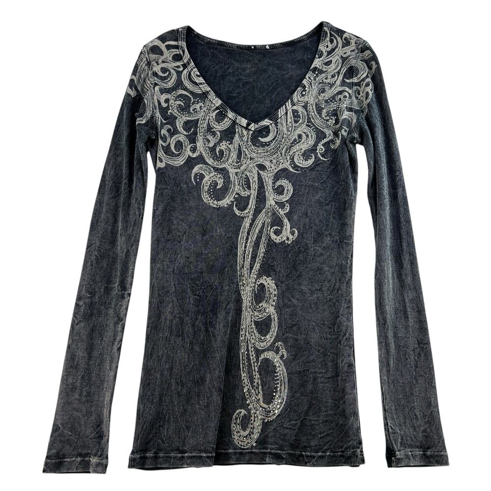 VTG Vocal L Large Top Black Ribbed Embellished Studs Y2K Dark Fairy Goth Punk